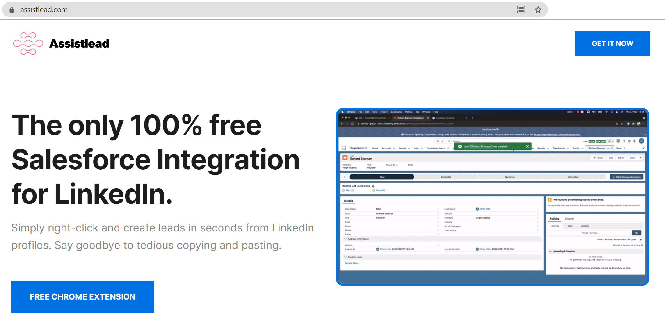 Screenshot of Assistleads website - salesforce linkedin integration