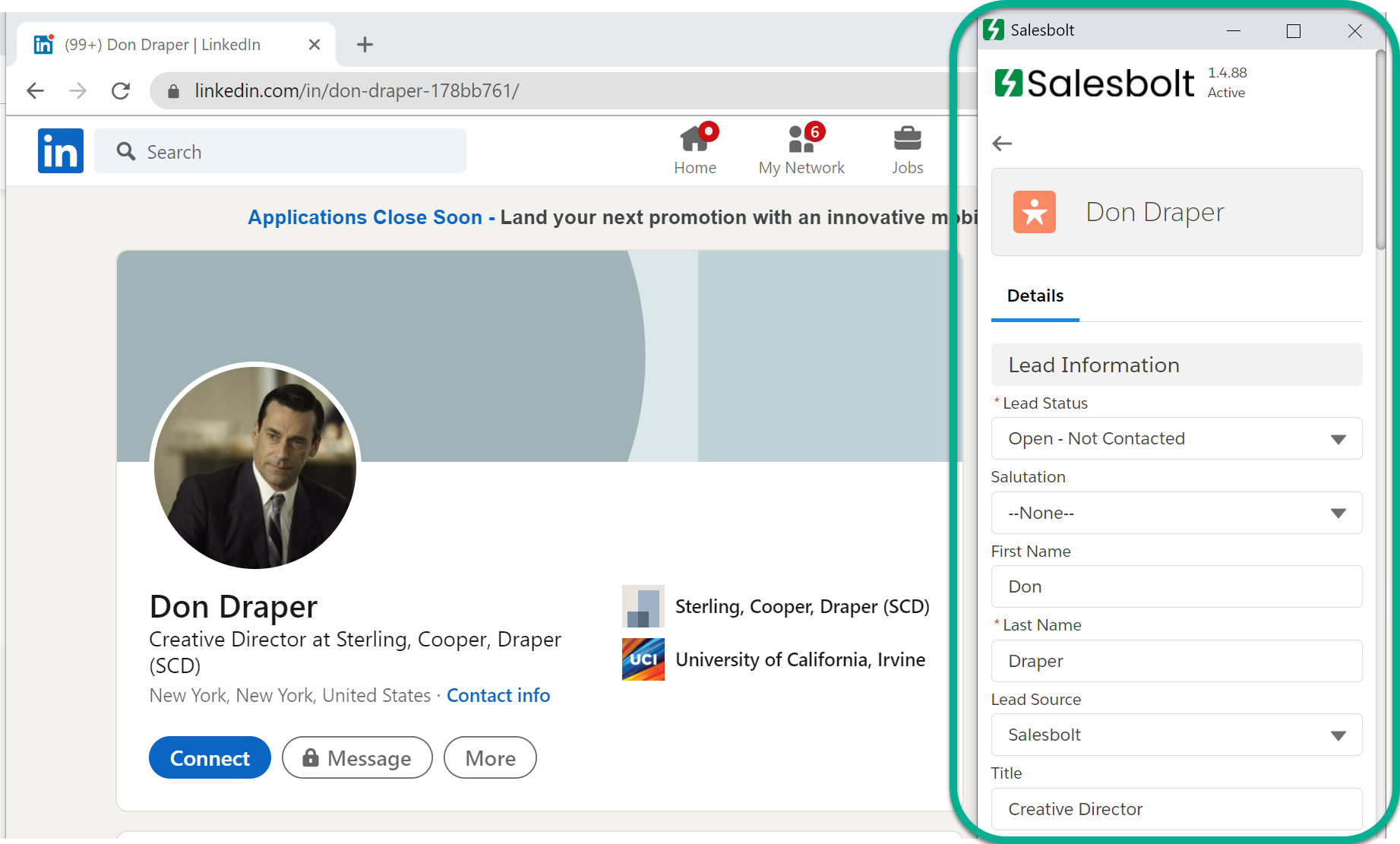 Screenshot of Salesbolt using the Sidebar to show Salesforce records from LinkedIn