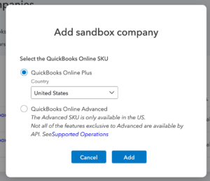 Quickbooks Online Developer Add Sandbox Create