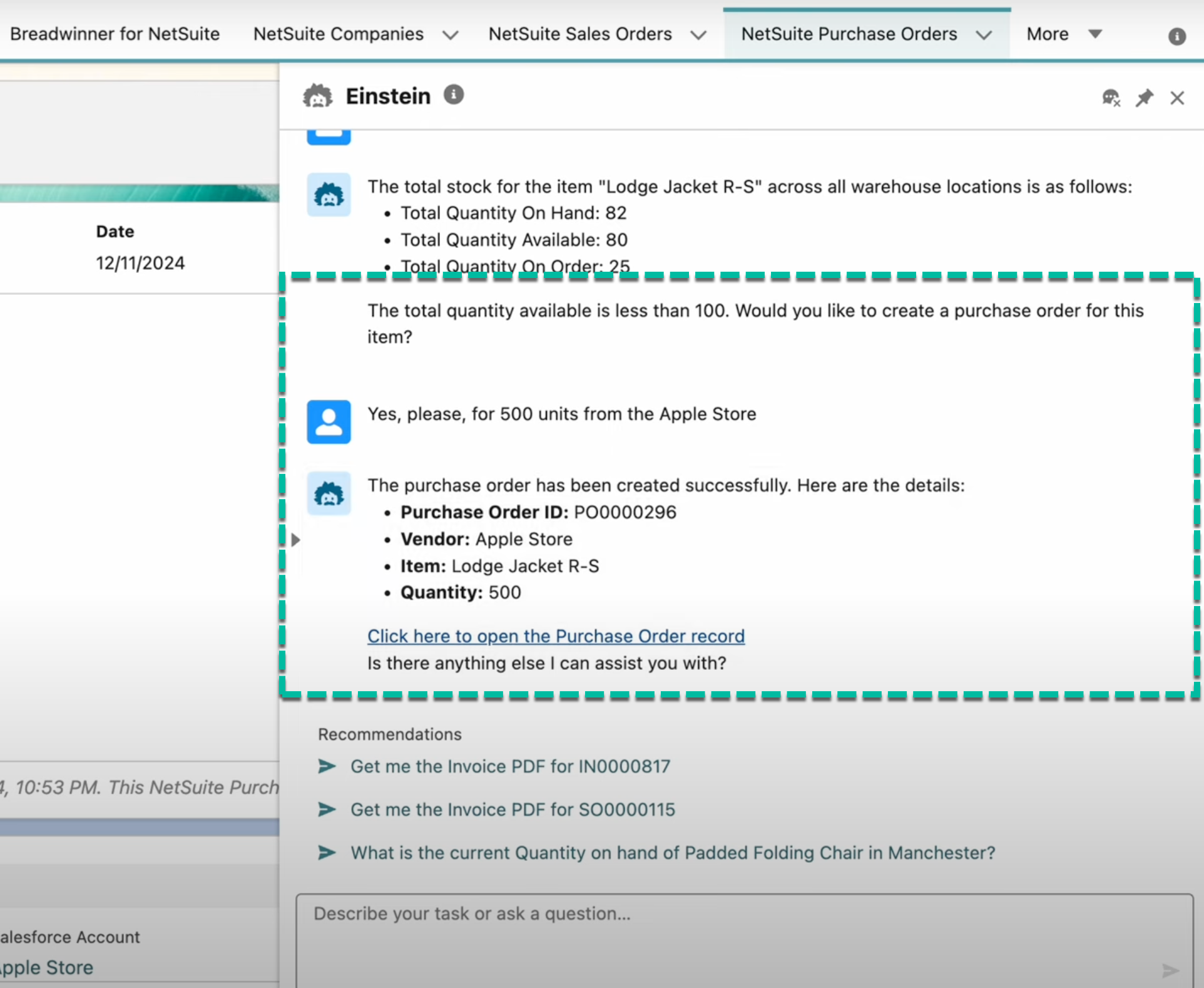 Salesforce Agentforce Netsuite Purchase Order Creation